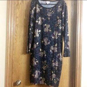 LulaRoe Elegant Debbie Dress Size XS Black Floral Gold Foil Accents Shimmery EUC